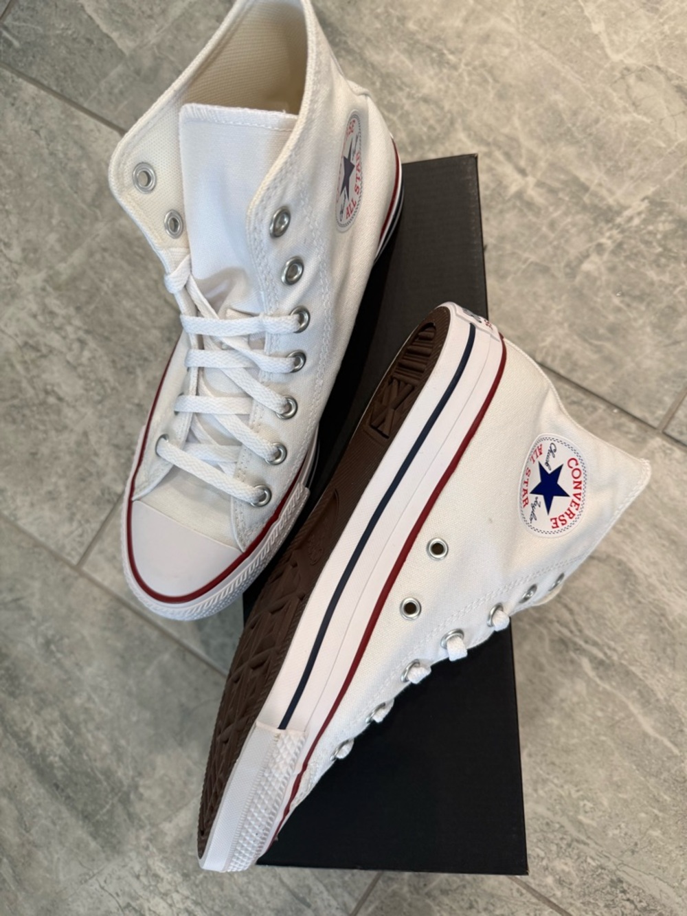Converse White High Top Sneakers with Red & Navy Trim Sz 7.5, 8, 8.5